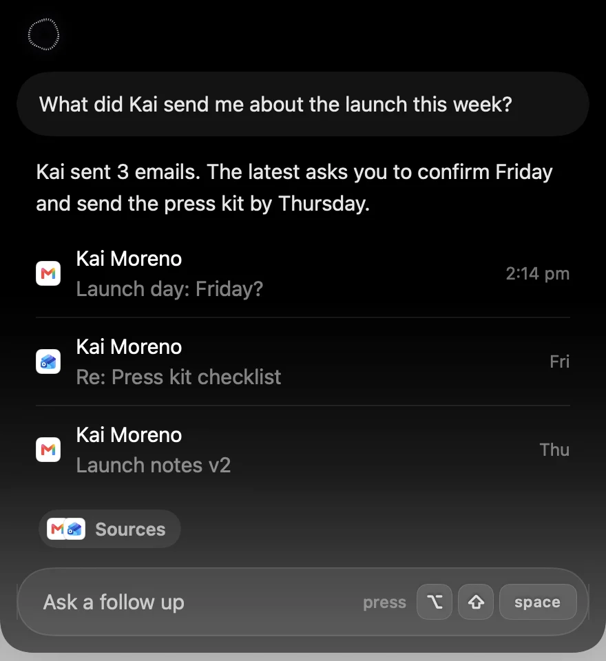 Speechy's notch answering “What did Kai send me about the launch this week?” with three emails from Gmail and Outlook