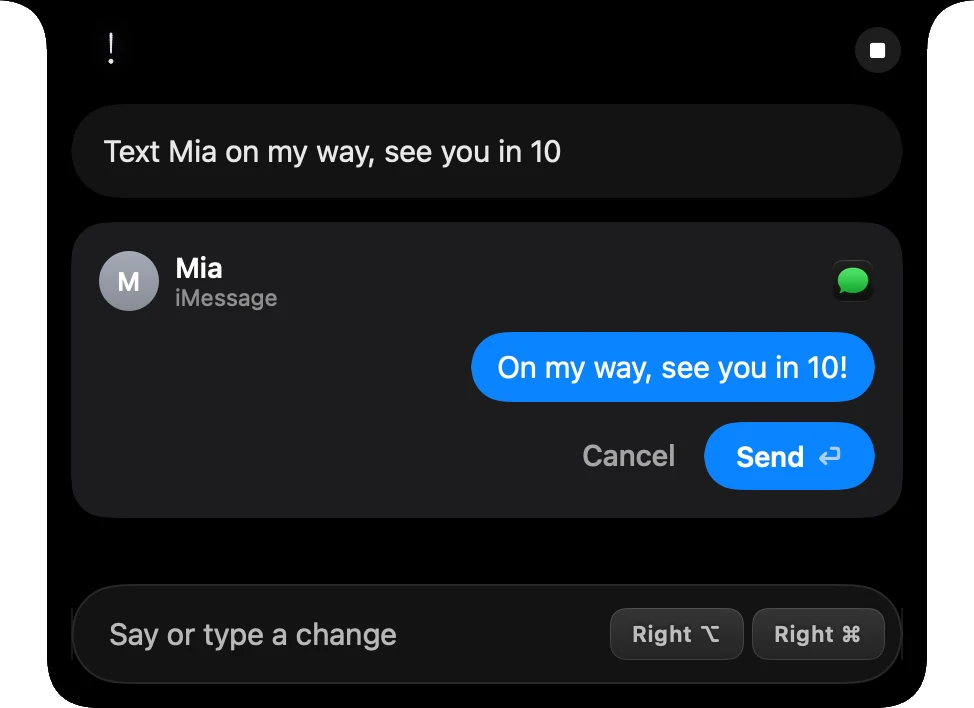An iMessage shown in Speechy's notch before it is sent