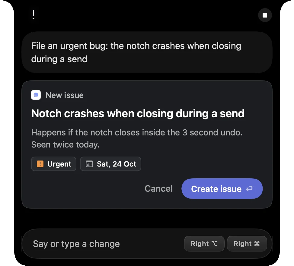 A new Linear issue shown in Speechy's notch before it is created