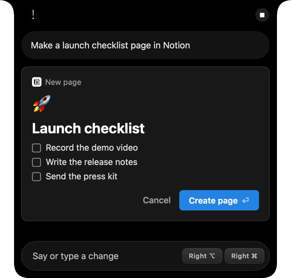 A new Notion page shown in Speechy's notch before it is created