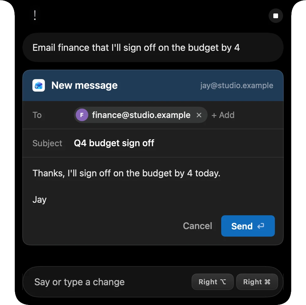 An Outlook email shown in Speechy's notch before it is sent