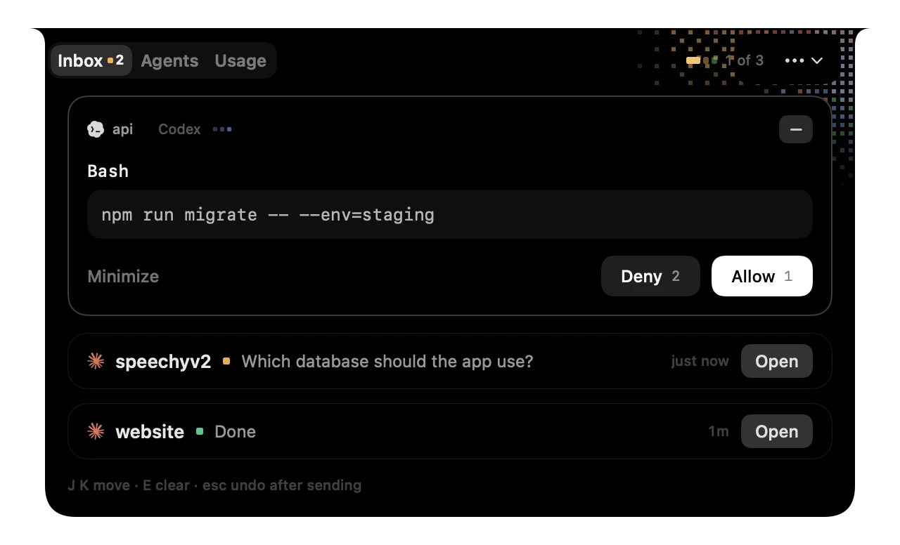 A Codex permission request in Speechy's notch, with Allow and Deny