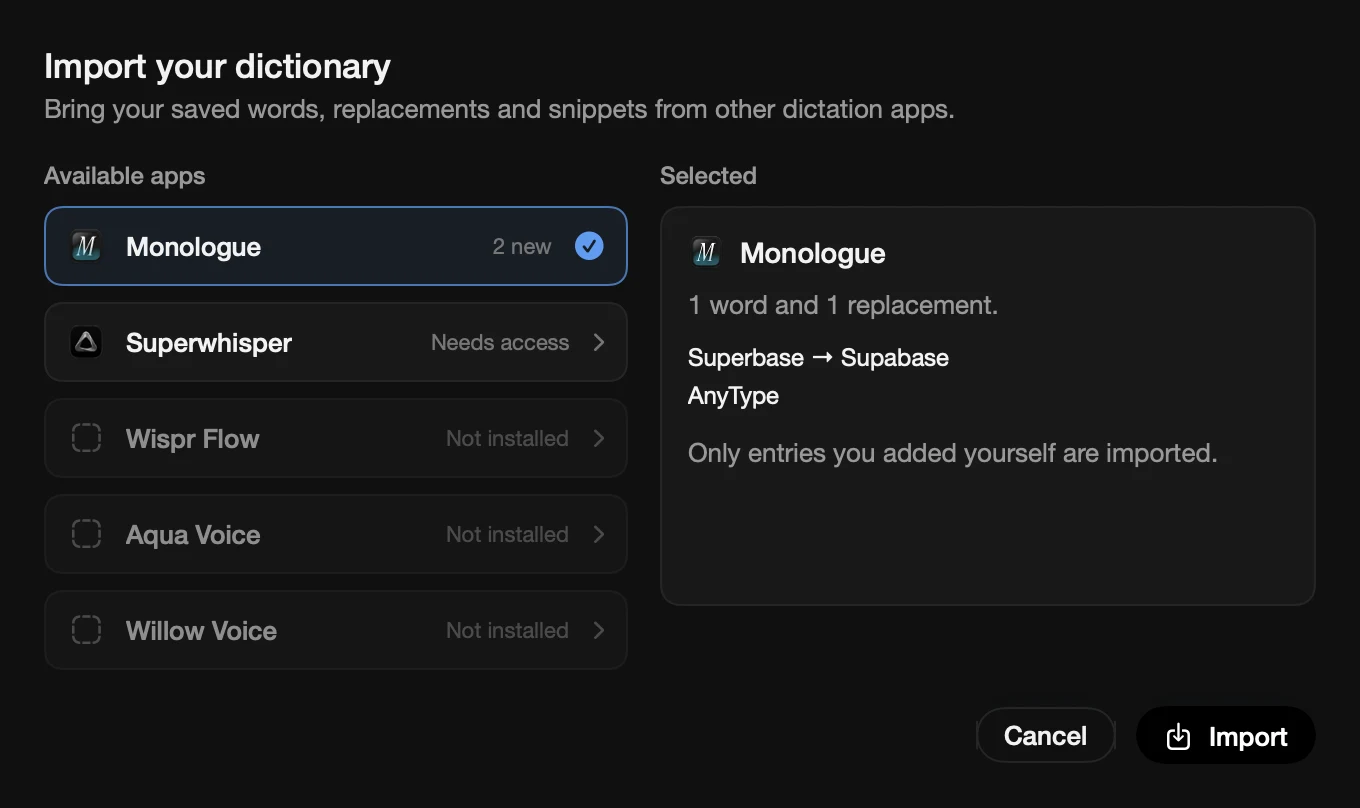 Importing a dictionary from other dictation apps into Speechy