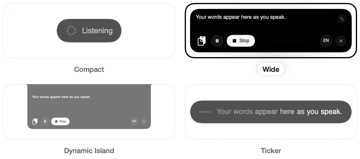 Speechy's four recording styles: Compact, Wide, Dynamic Island and Ticker